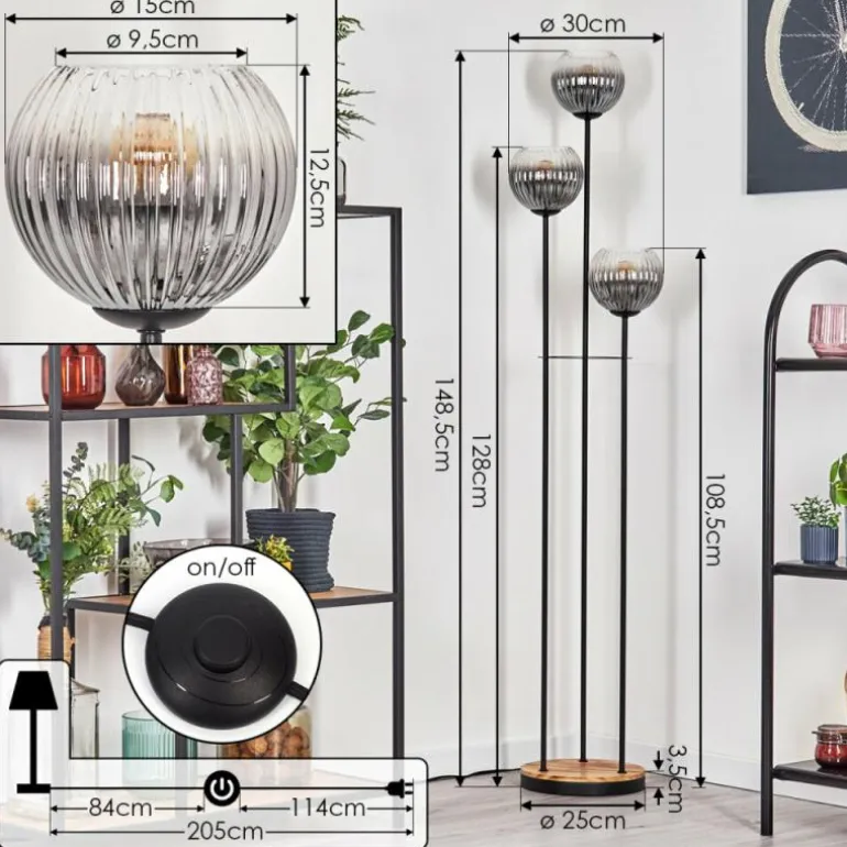 Koyoto Lampadaire 30 cm Bois clair, Noir, 3 lumières