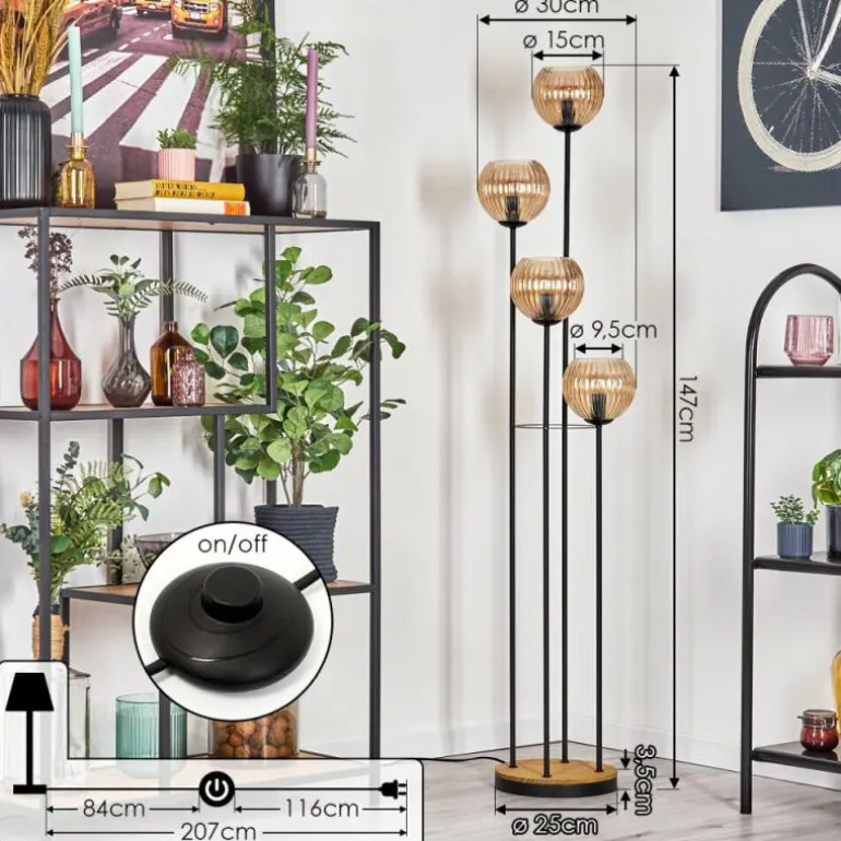 Koyoto Lampadaire 30 cm Bois foncé, Noir, 4 lumières