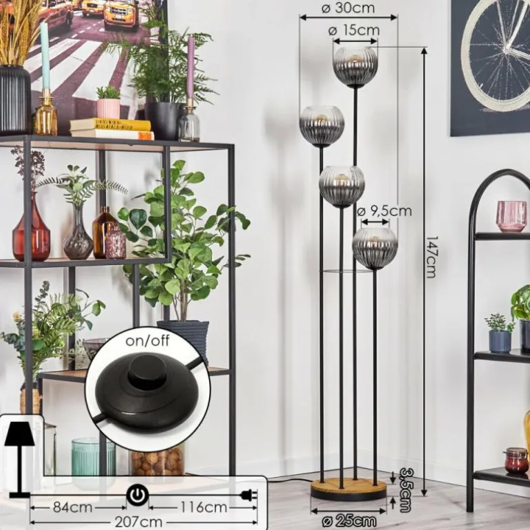 Koyoto Lampadaire Bois foncé, Noir, 4 lumières