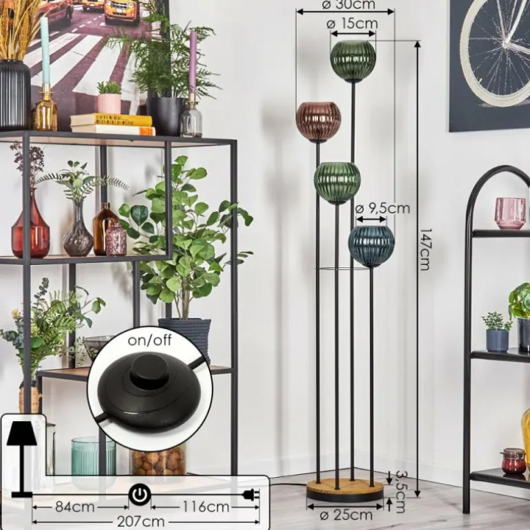 Koyoto Lampadaire Bois foncé, Noir, 4 lumières