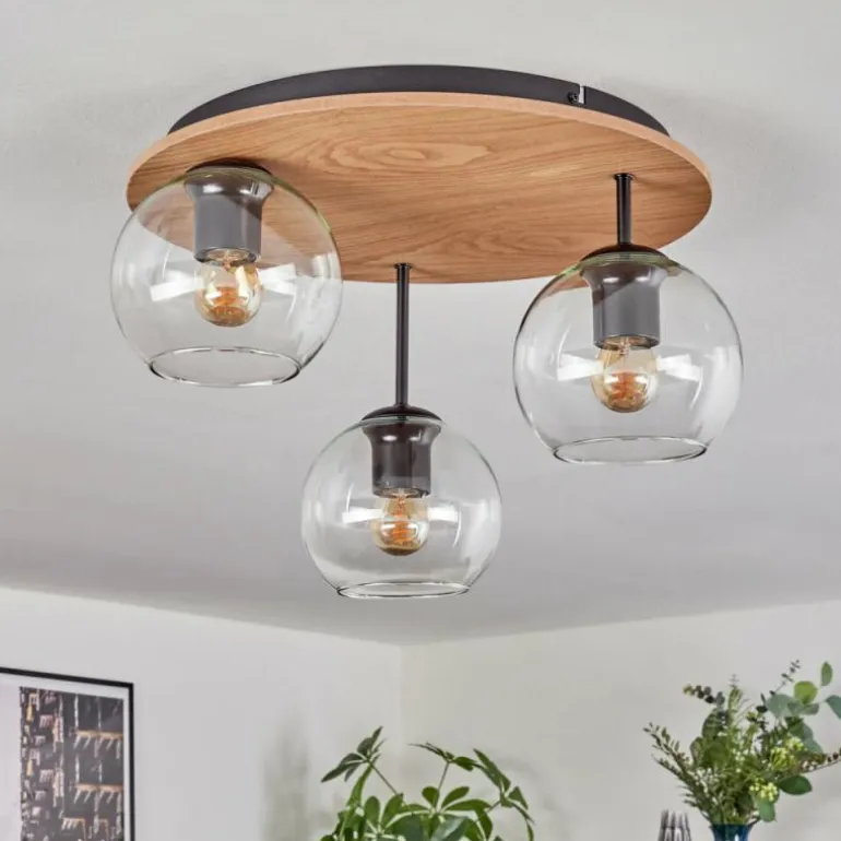Koyoto Plafonnier, Boule lumineuse 40 cm Brun, Couleur bois, Noir, 3 lumières