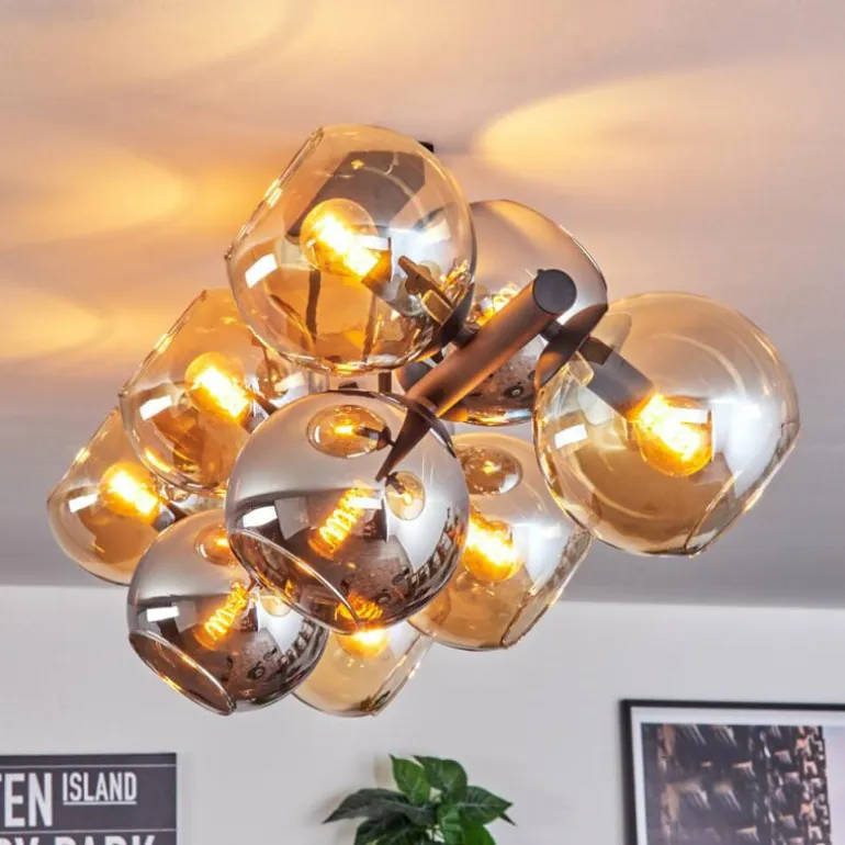 Koyoto Plafonnier, Boule lumineuse Ambre, Chrome, Fumé, 10 lumières