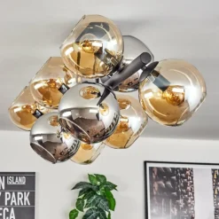 Koyoto Plafonnier, Boule lumineuse Ambre, Chrome, Fumé, 10 lumières