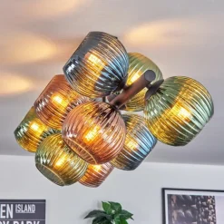 Koyoto Plafonnier, Boule lumineuse Bleu, Vert, Cuivré, 10 lumières