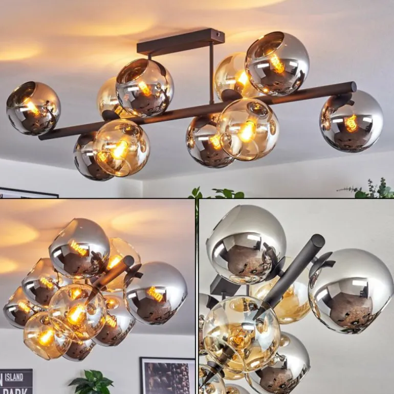 Koyoto Plafonnier, Boule lumineuse Ambre, Chrome, Fumé, 10 lumières