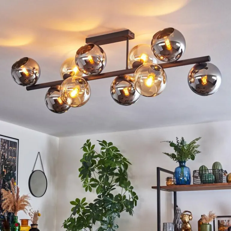 Koyoto Plafonnier, Boule lumineuse Ambre, Chrome, Fumé, 10 lumières