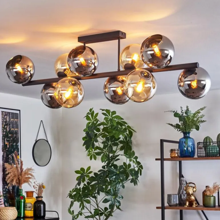 Koyoto Plafonnier, Boule lumineuse Ambre, Chrome, Fumé, 10 lumières
