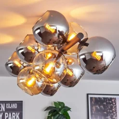 Koyoto Plafonnier, Boule lumineuse Ambre, Chrome, Fumé, 10 lumières