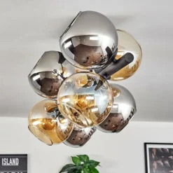 Koyoto Plafonnier, Boule lumineuse Ambre, Chrome, Fumé, 8 lumières