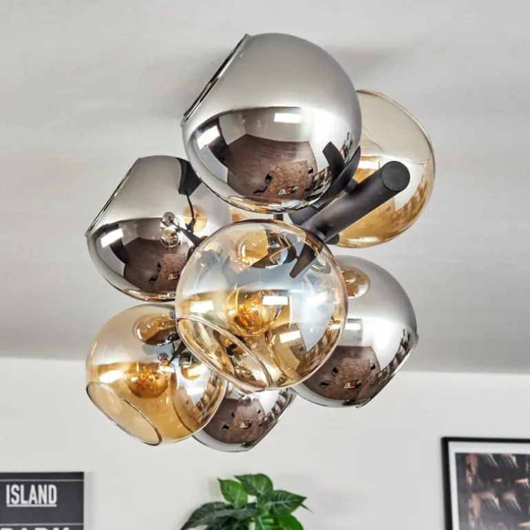 Koyoto Plafonnier, Boule lumineuse Ambre, Chrome, Fumé, 8 lumières