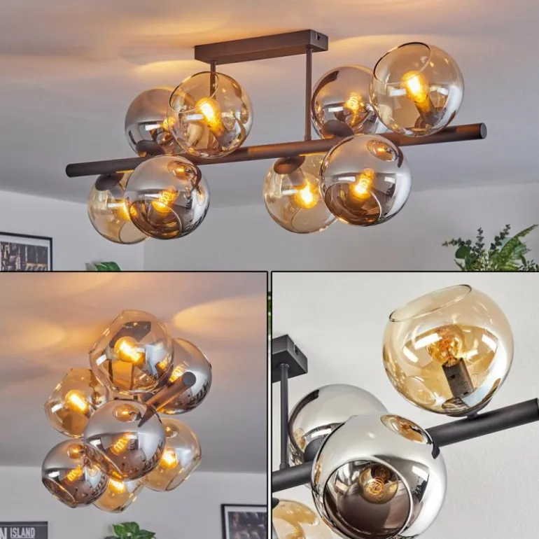 Koyoto Plafonnier, Boule lumineuse Ambre, Chrome, Fumé, 8 lumières