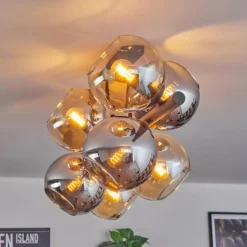 Koyoto Plafonnier, Boule lumineuse Ambre, Chrome, Fumé, 8 lumières