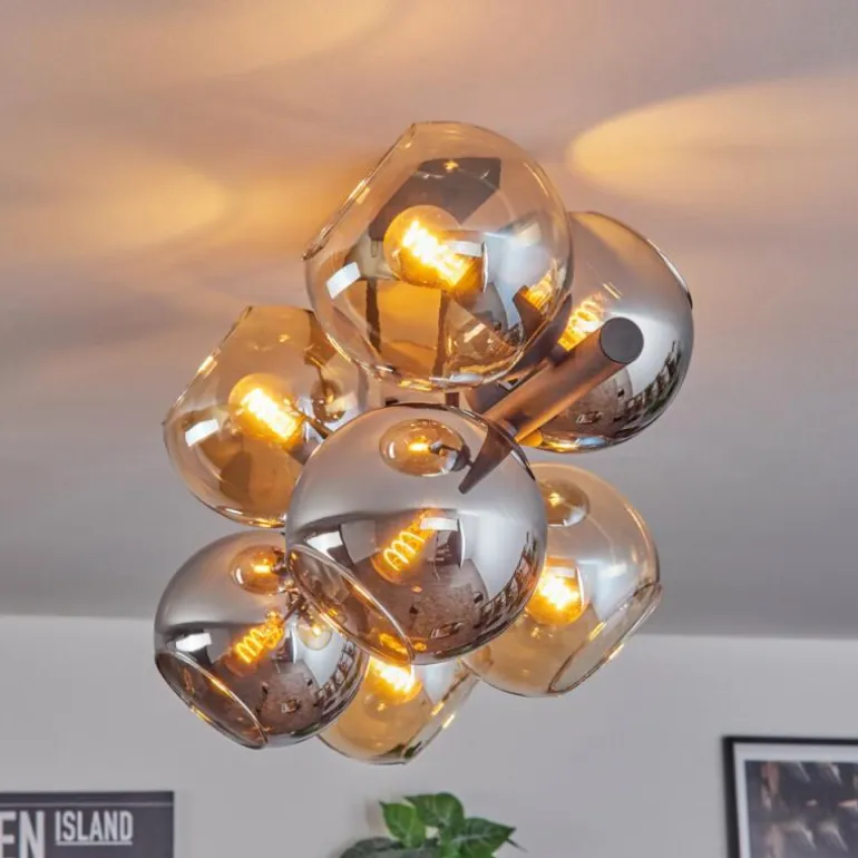Koyoto Plafonnier, Boule lumineuse Ambre, Chrome, Fumé, 8 lumières