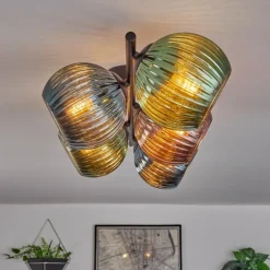 Koyoto Plafonnier, Boule lumineuse Bleu, Vert, Cuivré, 5 lumières