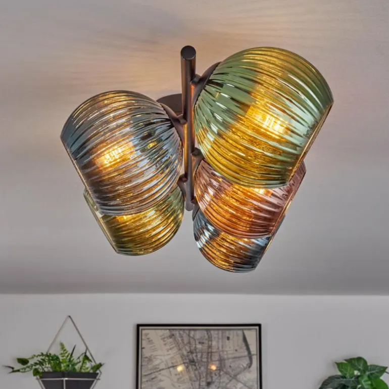 Koyoto Plafonnier, Boule lumineuse Bleu, Vert, Cuivré, 5 lumières