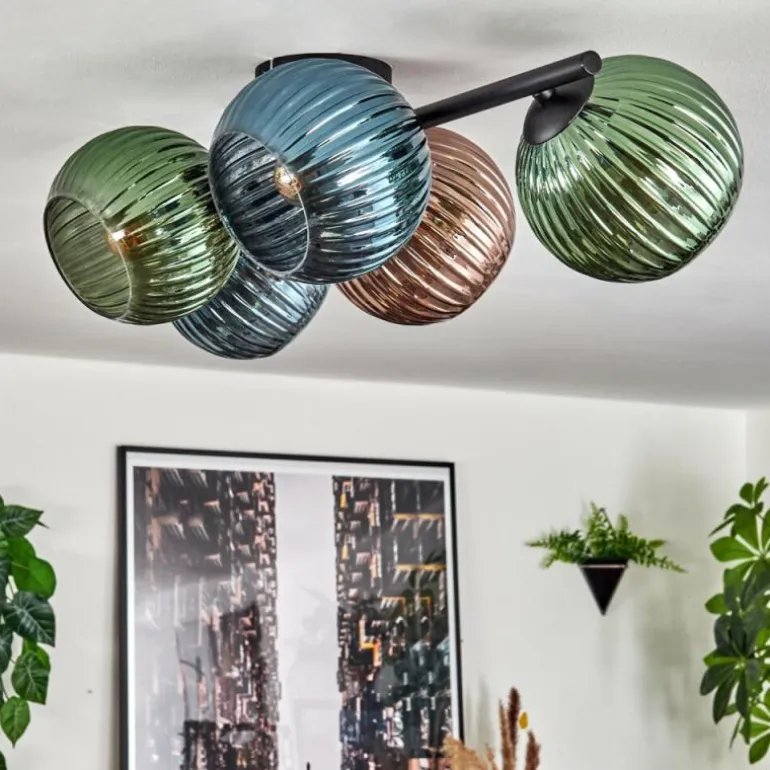 Koyoto Plafonnier, Boule lumineuse Bleu, Vert, Cuivré, 5 lumières