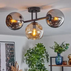 Koyoto Plafonnier, Boule lumineuse Ambre, Chrome, Fumé, 3 lumières