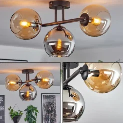 Koyoto Plafonnier, Boule lumineuse Ambre, Chrome, Fumé, 3 lumières