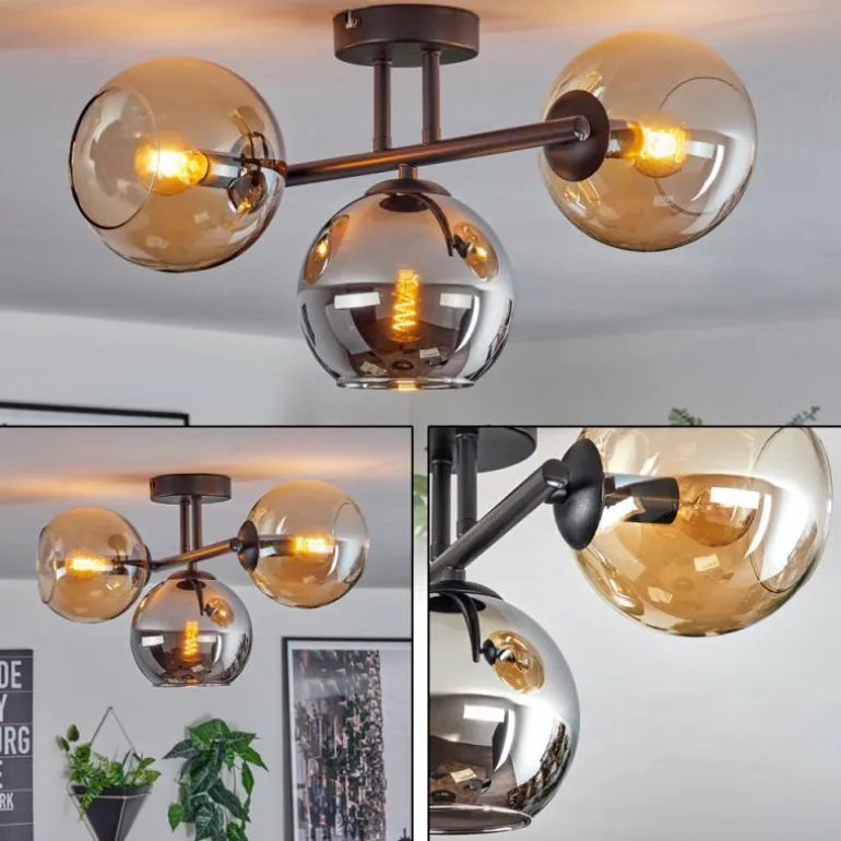 Koyoto Plafonnier, Boule lumineuse Ambre, Chrome, Fumé, 3 lumières