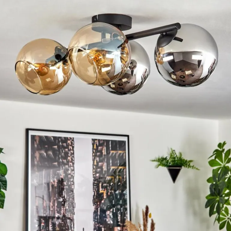 Koyoto Plafonnier, Boule lumineuse Ambre, Chrome, Fumé, 4 lumières