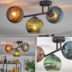 Koyoto Plafonnier, Boule lumineuse Bleu, Vert, Cuivré, 3 lumières