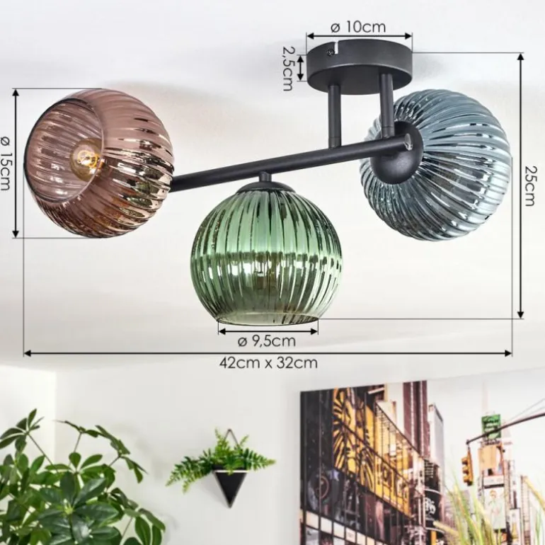 Koyoto Plafonnier, Boule lumineuse Bleu, Vert, Cuivré, 3 lumières