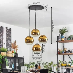 Koyoto Suspension, Boule lumineuse Or, Clair, 4 lumières