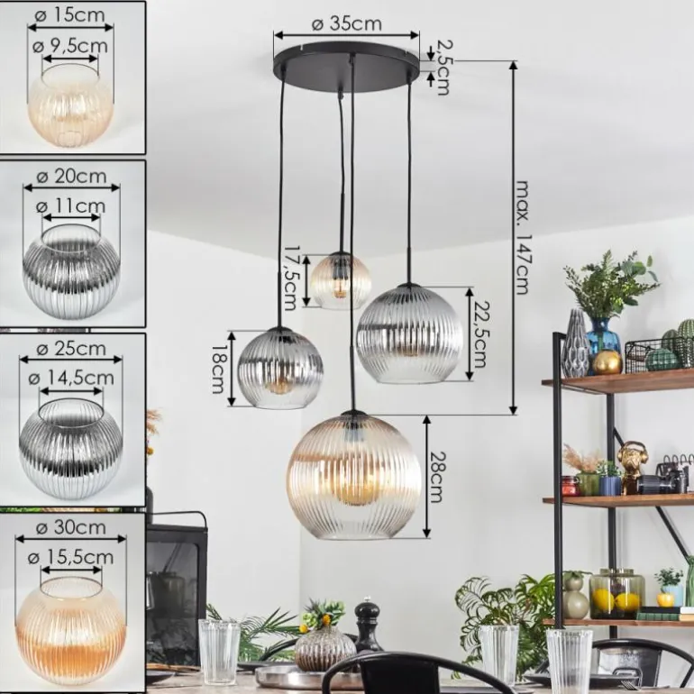 Koyoto Suspension, Boule lumineuse, Suspension Ambre, Clair, Fumé, 4 lumières