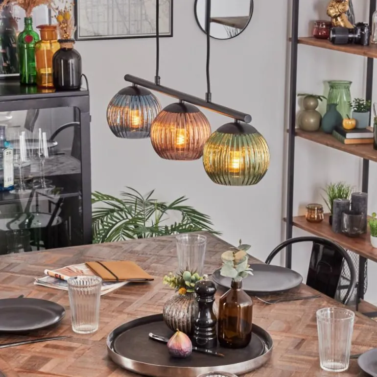 Koyoto Suspension, Boule lumineuse, Suspension Bleu, Vert, Cuivré, 3 lumières
