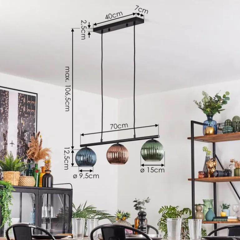 Koyoto Suspension, Boule lumineuse, Suspension Bleu, Vert, Cuivré, 3 lumières