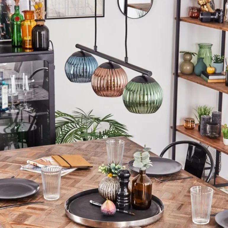 Koyoto Suspension, Boule lumineuse, Suspension Bleu, Vert, Cuivré, 3 lumières