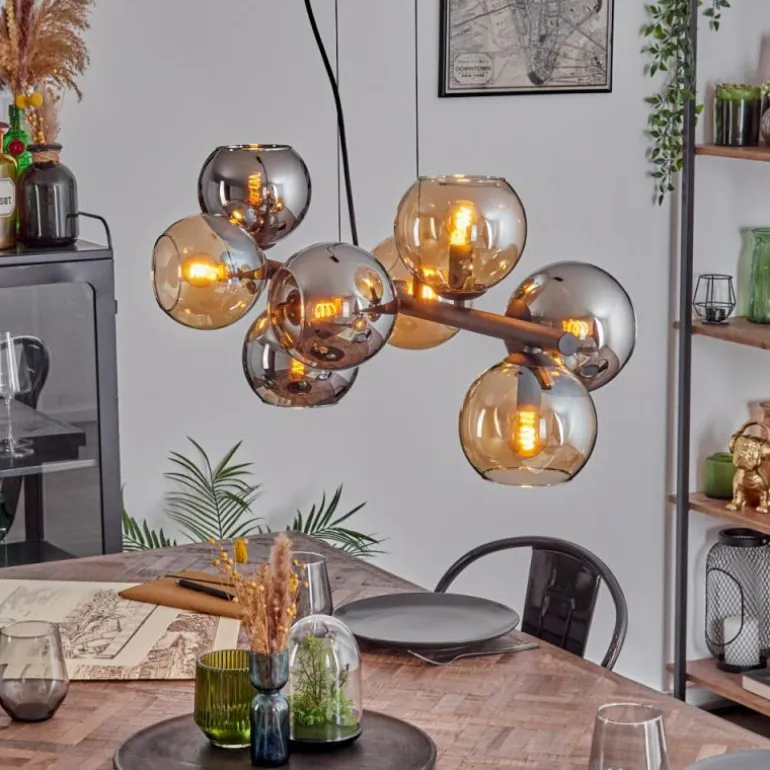 Koyoto Suspension, Boule lumineuse, Suspension Ambre, Chrome, Fumé, 8 lumières