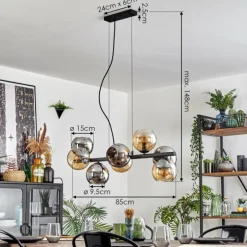 Koyoto Suspension, Boule lumineuse, Suspension Ambre, Chrome, Fumé, 8 lumières