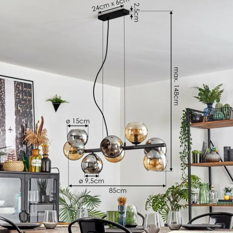 Koyoto Suspension, Boule lumineuse, Suspension Ambre, Chrome, Fumé, 8 lumières