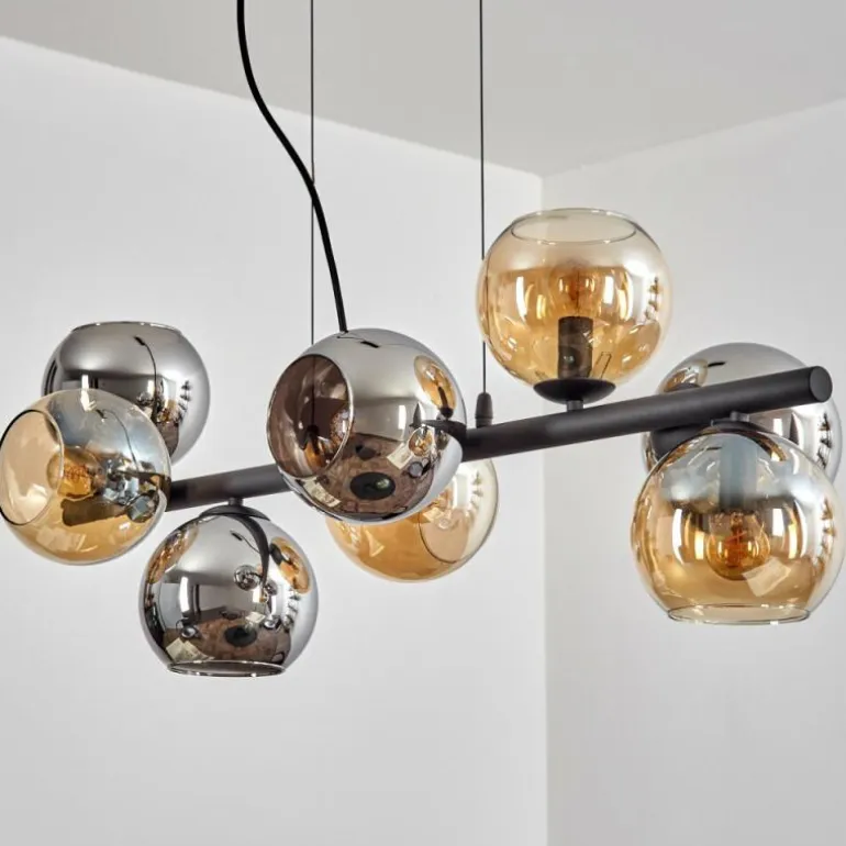 Koyoto Suspension, Boule lumineuse, Suspension Ambre, Chrome, Fumé, 8 lumières