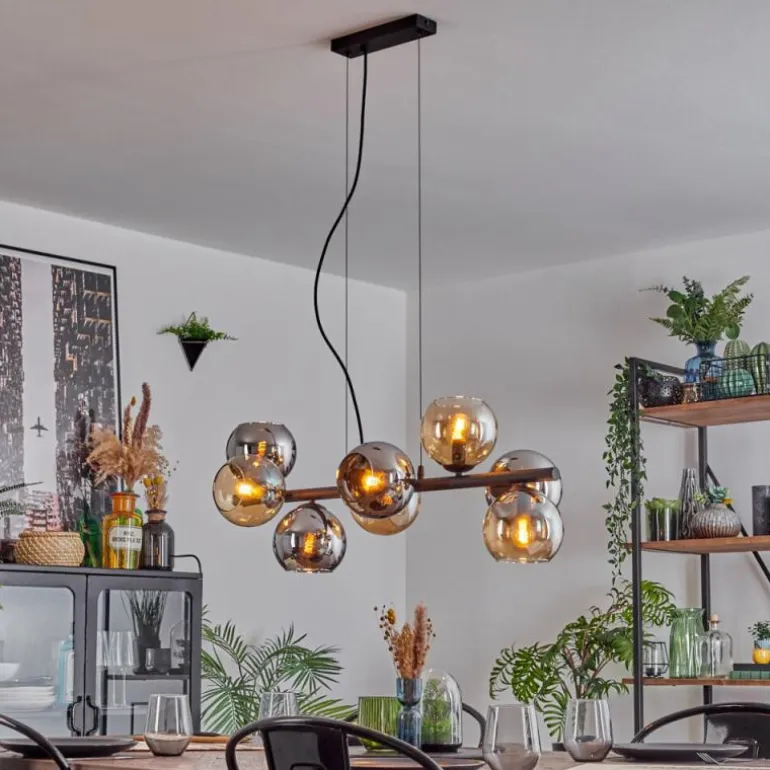Koyoto Suspension, Boule lumineuse, Suspension Ambre, Chrome, Fumé, 8 lumières
