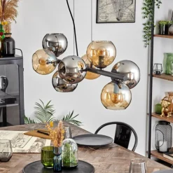 Koyoto Suspension, Boule lumineuse, Suspension Ambre, Chrome, Fumé, 8 lumières