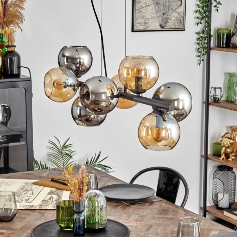 Koyoto Suspension, Boule lumineuse, Suspension Ambre, Chrome, Fumé, 8 lumières