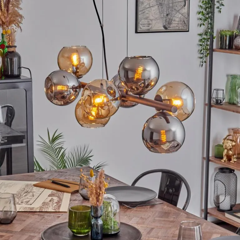Koyoto Suspension, Boule lumineuse, Suspension Ambre, Chrome, Fumé, 8 lumières