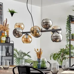 Koyoto Suspension, Boule lumineuse, Suspension Ambre, Chrome, Fumé, 8 lumières