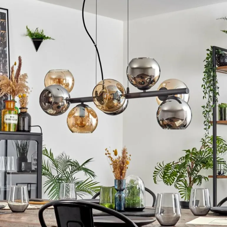 Koyoto Suspension, Boule lumineuse, Suspension Ambre, Chrome, Fumé, 8 lumières