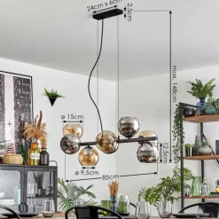 Koyoto Suspension, Boule lumineuse, Suspension Ambre, Chrome, Fumé, 8 lumières