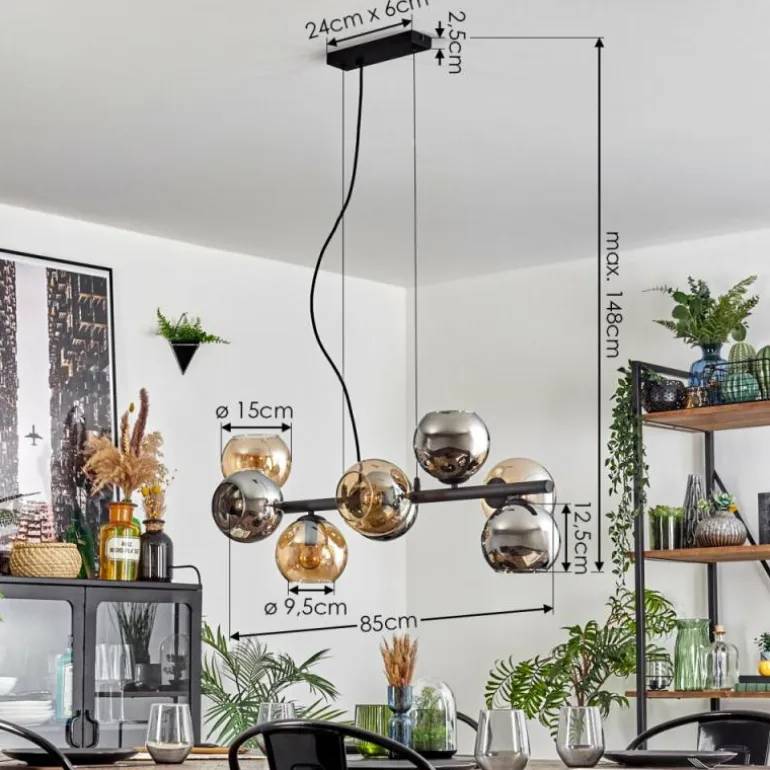 Koyoto Suspension, Boule lumineuse, Suspension Ambre, Chrome, Fumé, 8 lumières