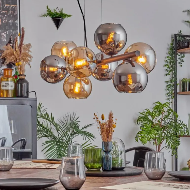 Koyoto Suspension, Boule lumineuse, Suspension Ambre, Chrome, Fumé, 8 lumières