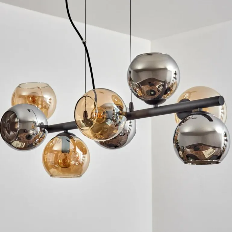 Koyoto Suspension, Boule lumineuse, Suspension Ambre, Chrome, Fumé, 8 lumières