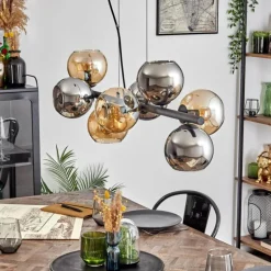 Koyoto Suspension, Boule lumineuse, Suspension Ambre, Chrome, Fumé, 8 lumières