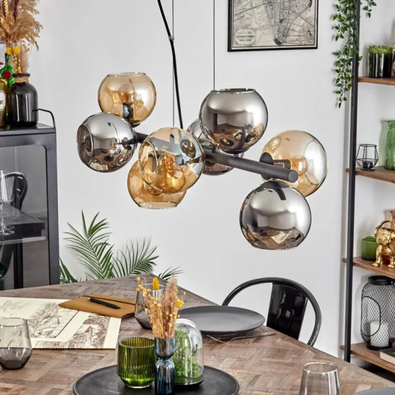 Koyoto Suspension, Boule lumineuse, Suspension Ambre, Chrome, Fumé, 8 lumières