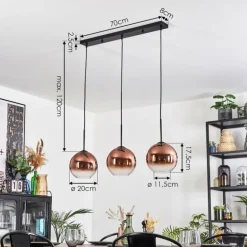 Koyoto Suspension, Boule lumineuse, Suspension Clair, Cuivré, 3 lumières