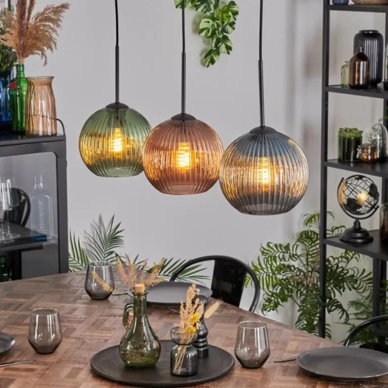 Koyoto Suspension, Boule lumineuse, Suspension Bleu, Vert, Cuivré, 3 lumières