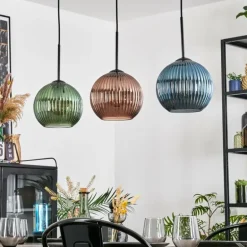 Koyoto Suspension, Boule lumineuse, Suspension Bleu, Vert, Cuivré, 3 lumières